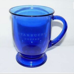 STARBUCKS 14 OZ BLUE GLASS CAPITAL LETTER ETCHED SCRIPT PEDESTAL MUG CUP
